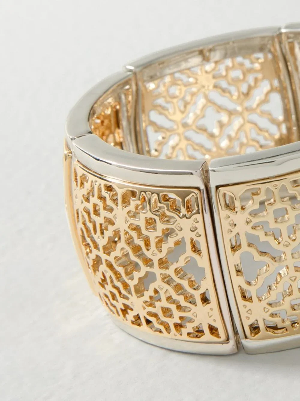 WHBM Goldtone + Silvertone Stretch Bracelet FILIGREE Bangle Cuff Mixed Metal - Picture 4 of 5